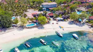 aerial from mushroom bay on nusa lembongan bali indonesia