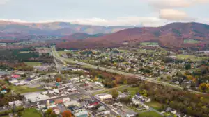 aerial of the small town of elkton virginia in the