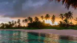 beautiful view toward tropical beach from wooden water villa punta