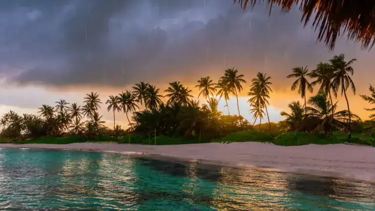 beautiful view toward tropical beach from wooden water villa punta