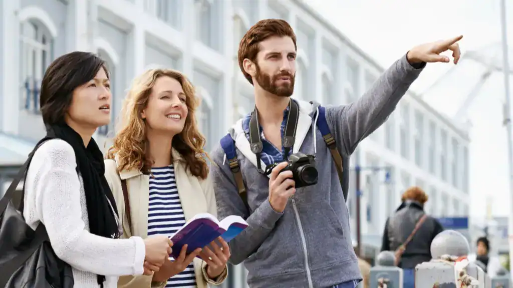 Diverse group of friends traveling