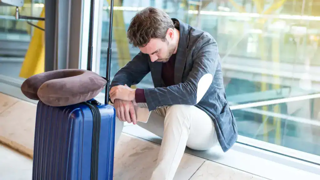 Tired traveler sitting at an airport with his head resting on folded arms, leaning on a suitcase with a neck pillow on top.