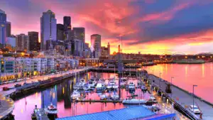 seattle skyline and waterfront in sunrise